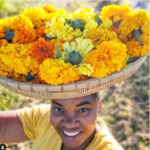 Woman with round basket of yellow flowers balancing on her head