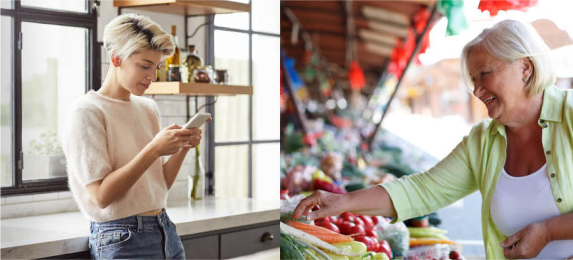 Split image of woman on her cell phone in her kitchen and the other of an elderly woman choosing vegetables at a farmers market